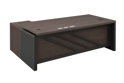 Executive L Desk, Grey & Wood with Diagonal Panel — Office Furniture