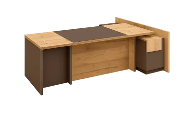 Executive L Desk, Natural Oak with Leather Top Pad — Office Furniture