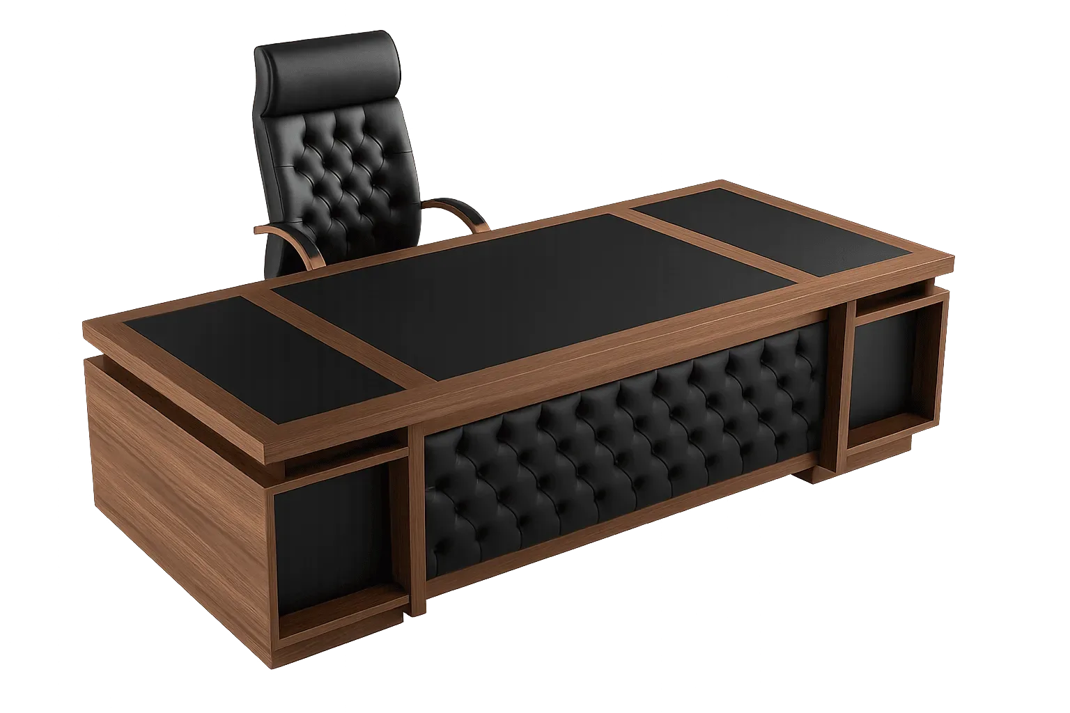 Executive L Desk, Walnut with Button Tufted Leather — Office Furniture