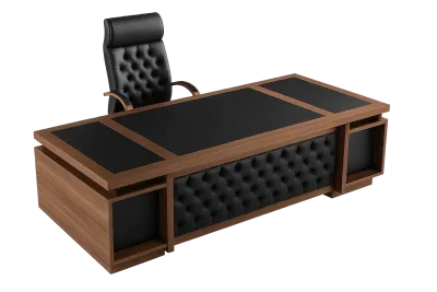 Executive L Desk, Walnut with Button Tufted Leather — Office Furniture