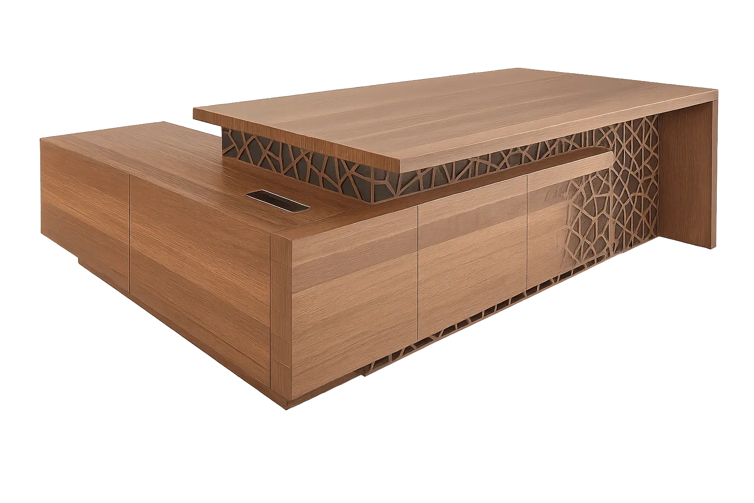 Executive L Desk, Walnut with Geometric Laser Cut Panel — Office Furniture