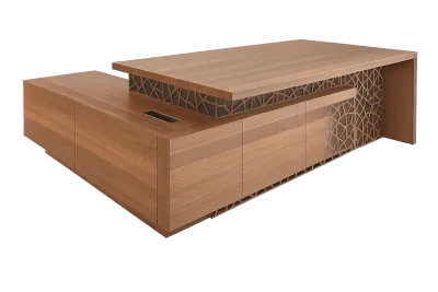Executive L Desk, Walnut with Geometric Laser Cut Panel — Office Furniture