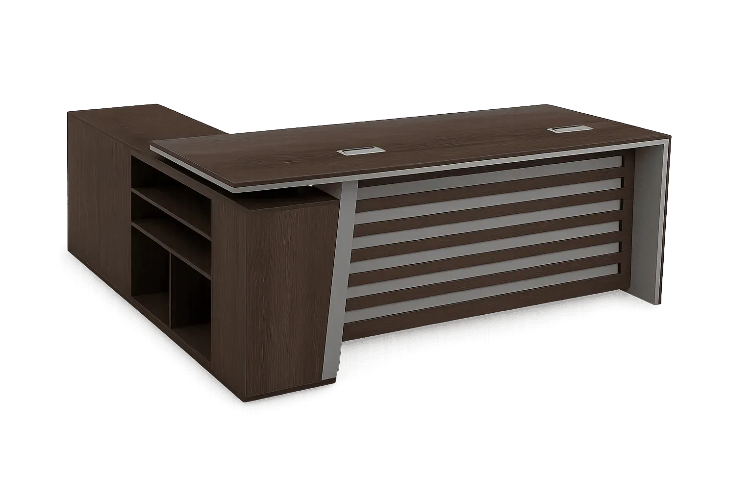 Executive L Desk, Walnut with White Slats & Open Shelving — Office Furniture